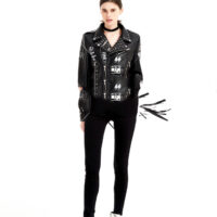 Graffiti Printed Rivet Slim Short Leather Jacket Women