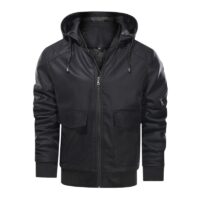 Men Leather Jacket Motorcycle PU Hooded Solid Thick Men Coats