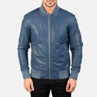 Men Bomia Ma-1 Blue Leather Bomber Jacket