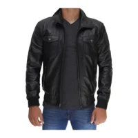 Black Mens Leather Bomber Jacket with Hood