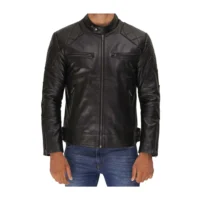 Premium Stylish Men's Black Cafe Racer Leather Jacket with Multi-Pockets