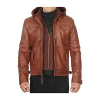 Men leather Jacket with removeable hood