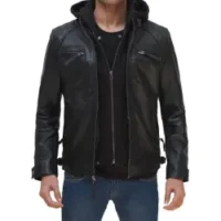Johnson Men Hooded Black Leather Jacket - Racer Style