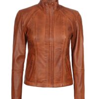 Acerra Womens Real Cognac Brown Leather Cafe Racer Jacket
