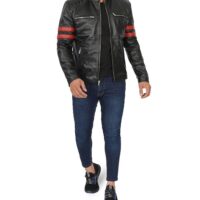 Men Cafe Racer Black Leather Jacket with Red Stripes