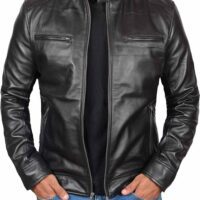 Dodge Mens Black Lambskin Biker Style Leather Jacket
