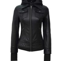 Tralee Black Bomber Women's Leather Jacket With Hood